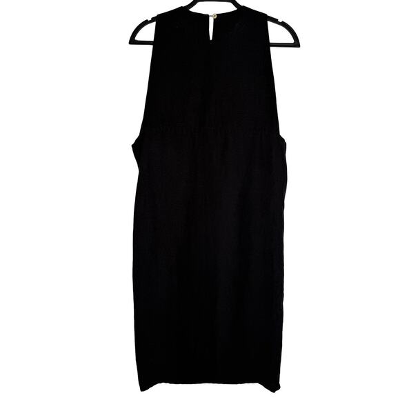 First Rite Women Linen Blend Black Apron Midi Dress Pockets Lightweight Pinafore - Picture 2 of 9